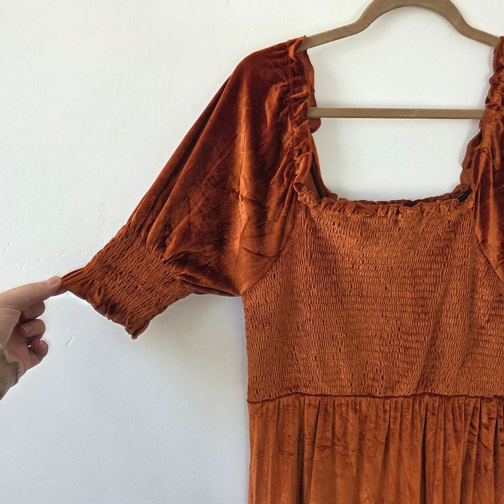 Burnt Orange Copper Velvet Maxi Dress Tiered Smocked Holiday Party Christmas M - Picture 11 of 12